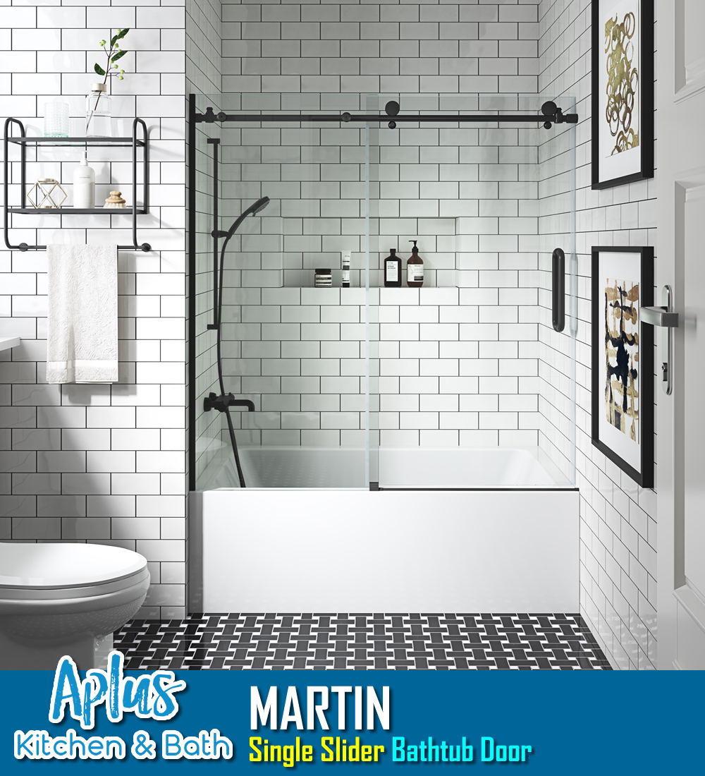 APLUS MARTIN-DS 57~60 in. W x 60 in. H, Frameless Sliding Bathtub Door, 3/8