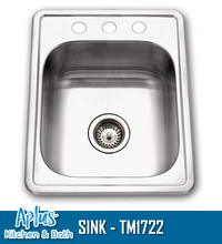 Load image into Gallery viewer, TM1722 - Kitchen Stainless Steel Sink - Single Bowl - Top Mount
